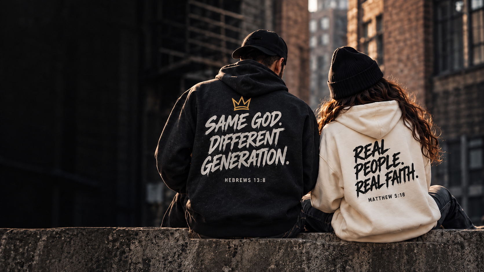 Two people in Scripture-inspired streetwear